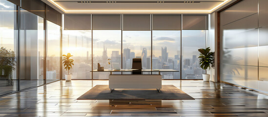 a sleek office space with a minimalist desk, ergonomic chair, and modern technology, promoting productivity and focus