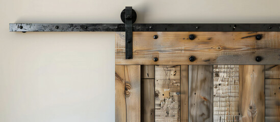a sliding barn door with reclaimed wood and black metal hardware, offering space-saving functionality and rustic charm