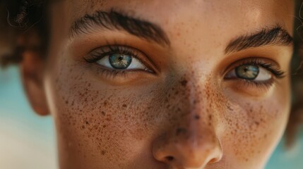 Closeup beauty portrait of a woman's face with a focus on her healthy, glowing skin