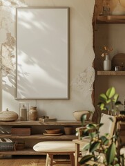 A white framed picture sits on a wooden table in a room with a window