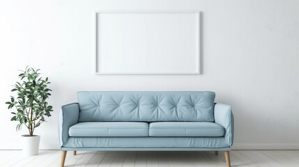 Mockup frame, powder blue sofa in room, white wall background.