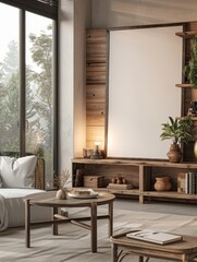 A white framed picture sits on a wooden table in a room with a window