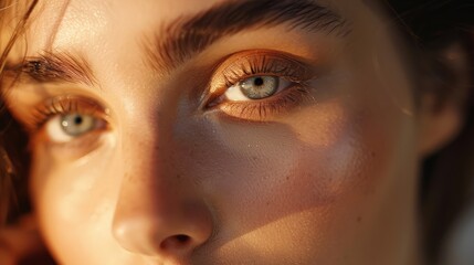 Closeup of a woman face focusing on her glowing complexion and refined makeup