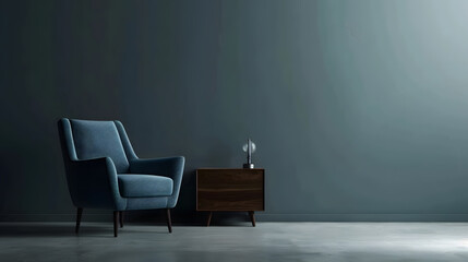 Interior with grey wall blue armchair and wood side table : Generative AI