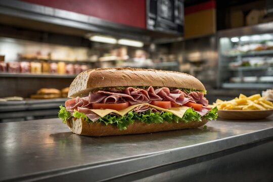 a sub sandwich packed with deli meats, cheese, lettuce, and tomatoes, with a blurred background of a bustling deli counter