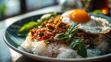 Close-up of a fiery plate of Pad Krapow Moo Saap, featuring minced pork stir-fried with Thai basil and chilies, served with jasmine rice and a fried egg on top.