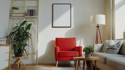 Creative composition of living room interior with mock up poster frame red armchair beige sofa wooden coffee table white rack ladder palid and personal accessories Home decor Template : Generative AI
