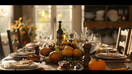 Dinner table decorated for cozy fall holiday gathering : Generative AI