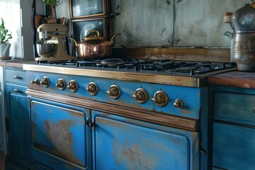 Classic blue stove with brass knobs in a stylish kitchen with retro appliances
