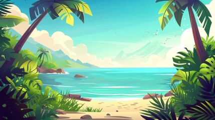A tropical landscape of jungle on a sea beach with jungle trees and grass silhouetted in the water. Modern cartoon illustration of an exotic island with a shoreline on the ocean.