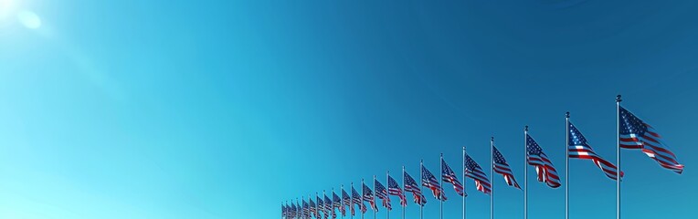 American flags waving on blue sky background, banner. US sign symbol