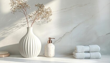 Product display mockup showcasing minimalist bathroom accessories, a soap bottle, towel, and glass vase on white marble countertop, against a light background in a modern minimalist interior design