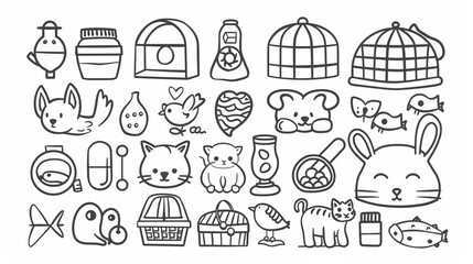 The following pet care, zoo shop doodle icons include dog booth, cat and rabbit heads, scratching posts, bird cages and animal food packages, toys, homes, fish in aquariums, medicine droppers,
