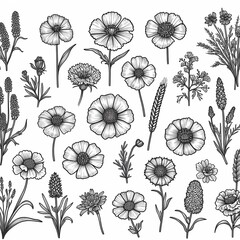 a drawing of flowers and plants with different colors wild flowers collection outline