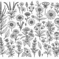 a drawing of flowers and plants with different colors wild flowers collection outline