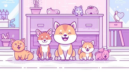 Landing page for adoption of pets for homes, zoo market displays of cute korgi and shiba inu puppies. Petcare and love to animals concept.