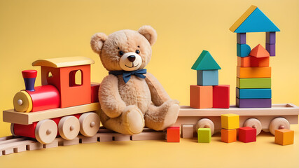 Baby kids toys background. Teddy bear, wooden train and colorful blocks on yellow background, Generative AI