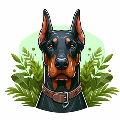 a black dog with a gold collar and a gold buckle doberman portrait illustration
