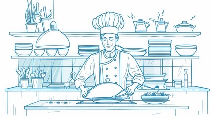 An illustration of a chef holding a dish under a cloche lid, a restaurant hospitality concept. Cafe stuff male character wearing a toque and uniform cooking a tasty cuisine meal.