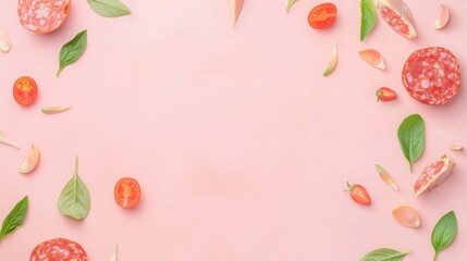 Top view isolated background with a variety of meat and sausage products