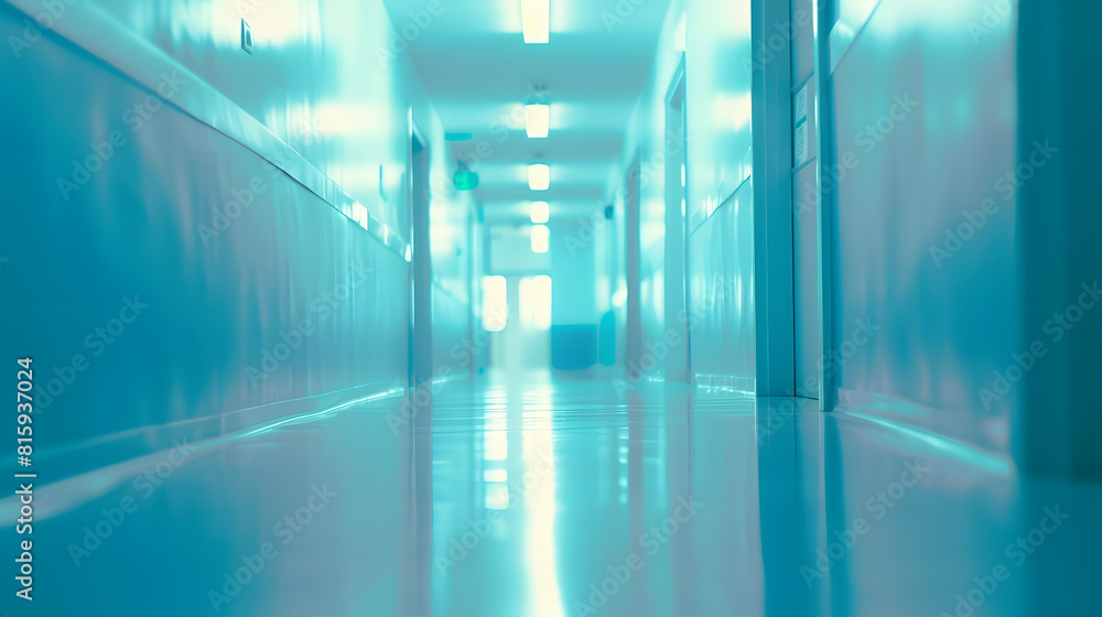 Poster Bright empty defocused hospital corridor background with copy space : Generative AI