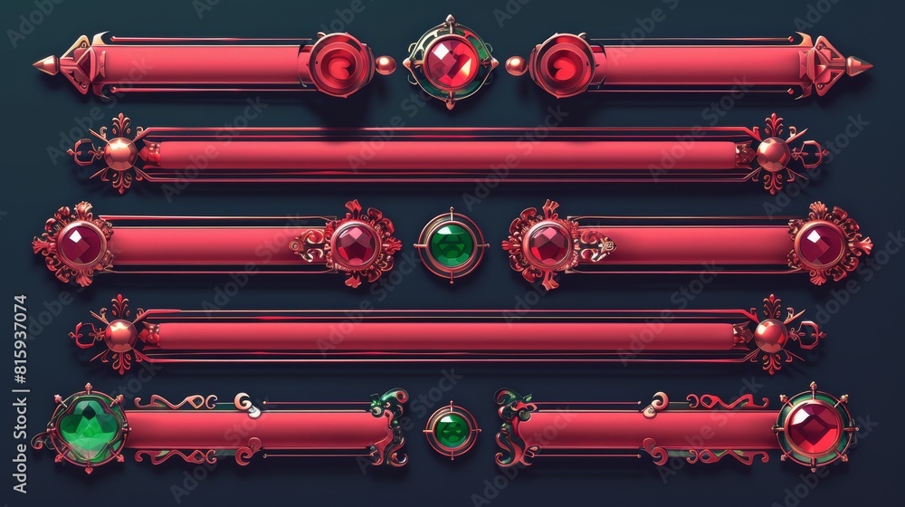 Poster a red medieval ui game menu, buttons, banners with ornate rims and green gems. royal gui bars for a 