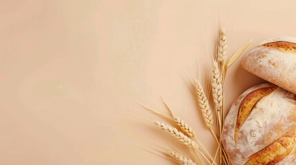 Top view background with a variety of bakery products and bread