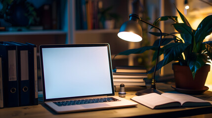 Remote work at home office online education study freelance internet connection wireless technology Vertical shot of modern laptop with blank display on desk Table lamp and open book f : Generative AI