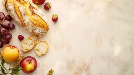 Top view background with a variety of bakery products and bread