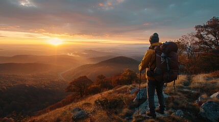 Fototapeta premium A man with backpack standing on top of mountain and looking at beautiful sunrise over the valley in autumn season, dramatic sky, epic landscape photography.