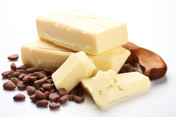 A block of white cheddar cheese sits on a white background.Pang Bian De Huan You Yi Kuai Mu Tou Zuo De Dao He Yi Xie Jian Guo .