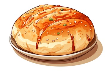 A digital illustration of a delicious-looking bao bun. The bao bun is topped with a sweet and savory sauce and scallions.