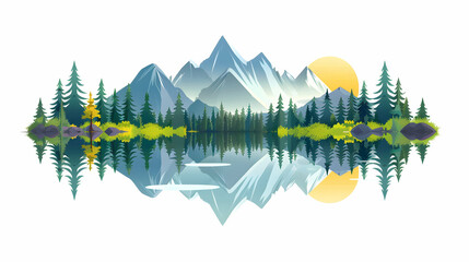 Tranquil scenery of lake with mountain and forest reflection, ideal for summer retreats. Isometric cartoon design with ample copyspace.