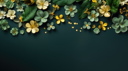Creative flat lay with green clover leaves and golden flower-shaped coins forming a top border on a dark background. Nature inspired design for Irish celebration or St Patrick's Day themed concept.


