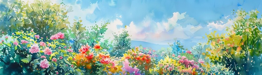 Fototapeta premium Capture the panoramic view of a lush garden in vivid watercolors, showcasing a tapestry of rainbow-colored flowers blooming under a clear blue sky
