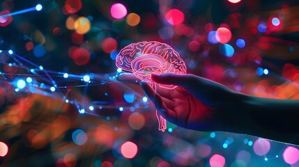 Hand touching brain and network connection on glitter bright lights colorful background