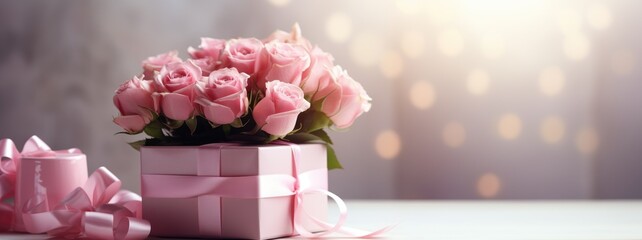 Bouquet of pink roses in a gift box on a light horizontal background bokeh with copy space for text. Greeting card for Women's Day and Mother's Day  - Powered by Adobe