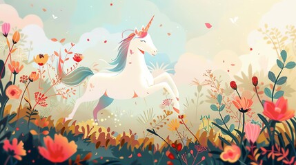 Craft a side view cartoon illustration of a whimsical unicorn frolicking in a meadow under a pastel sky, with vibrant flowers blooming around