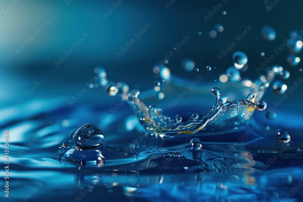 Poster close-up image of water droplets creating a dynamic splash on a reflective blue surface
