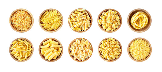 Set of pasta in wooden bowls on transparent background. Various pasta products. Collection of Italian pasta on transparent background. Italian pasta on transparent background. PNG photography