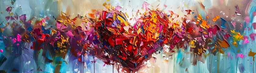 Craft an abstract painting of a fractured heart symbolized by shattered glass