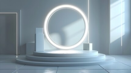 Futuristic Podium Background with Glowing 3D Lighting and Abstract Geometric Design