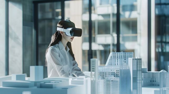 Concept futuristic design Asian woman Architect or Engineer wearing VR headset for working design 3D architectural precast concrete building model with BIM technology and virtual reali : Generative AI