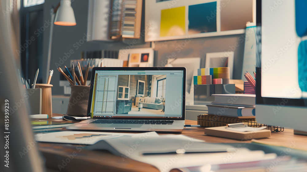 Poster interior designer workspace table and architecture software on laptop screen with mood board materia
