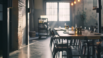 Room with communal table chairs industrial regale and cart : Generative AI