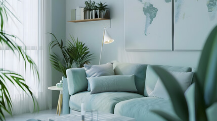 Stylish scandinavian living room and dining room with design mint sofa mock up poster map plants and elegant personal accessories Modern home decor Open space Template Ready to use : Generative AI