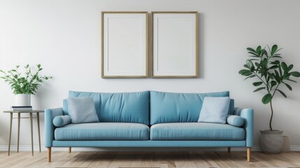 Mockup frame, powder blue sofa in room, white wall background.
