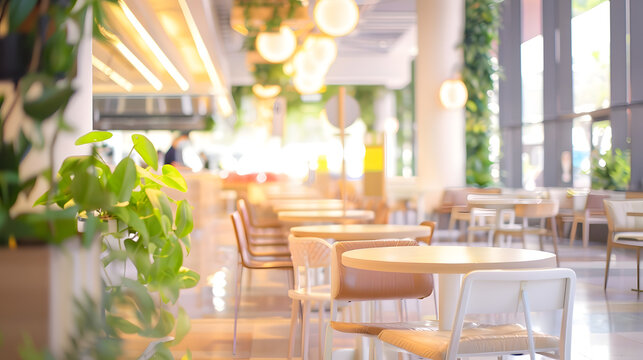 Vertical background image of food court interior in light colors decorated with live plants copy space : Generative AI