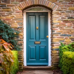 old door with wall, A blue and green door framed an aged brick wall,  a nostalgic ambiance...