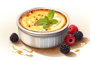 Illustrate a creme brulee with a white dish. Add some raspberries and blackberries next to it. Make the background white and add a soft shadow to the dish.